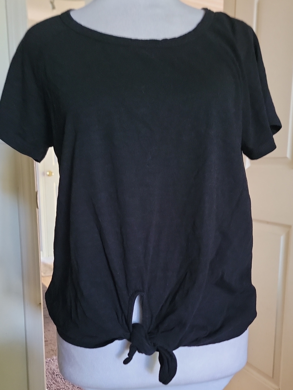 Black Tie-Front Short Sleeve Women's Top
